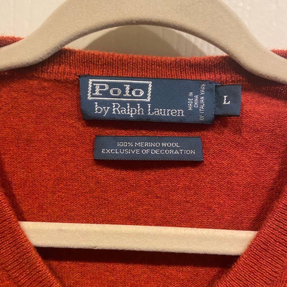 Polo  by Ralph Lauren Burnt Orange Mens V-Neck Logo Sweater Size Large - Picture 3 of 4